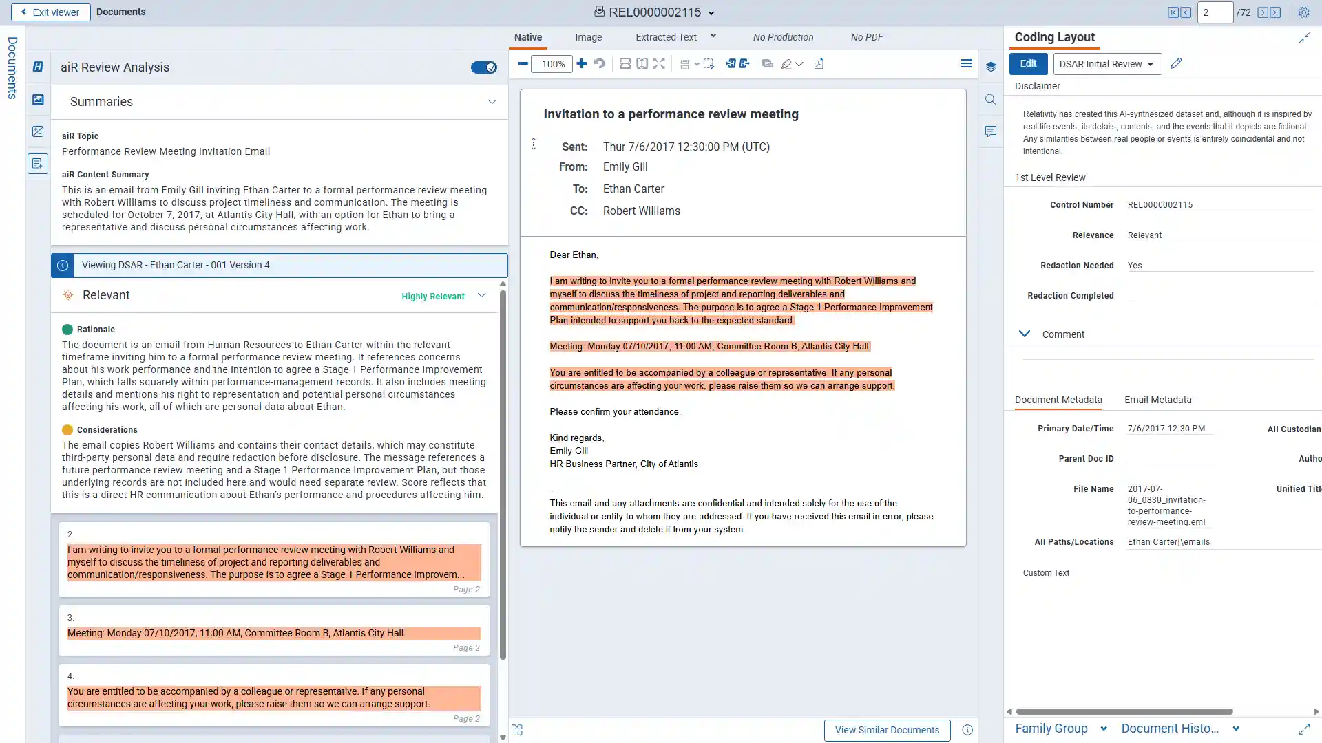 Relativity Data Subject Access Request software screenshot