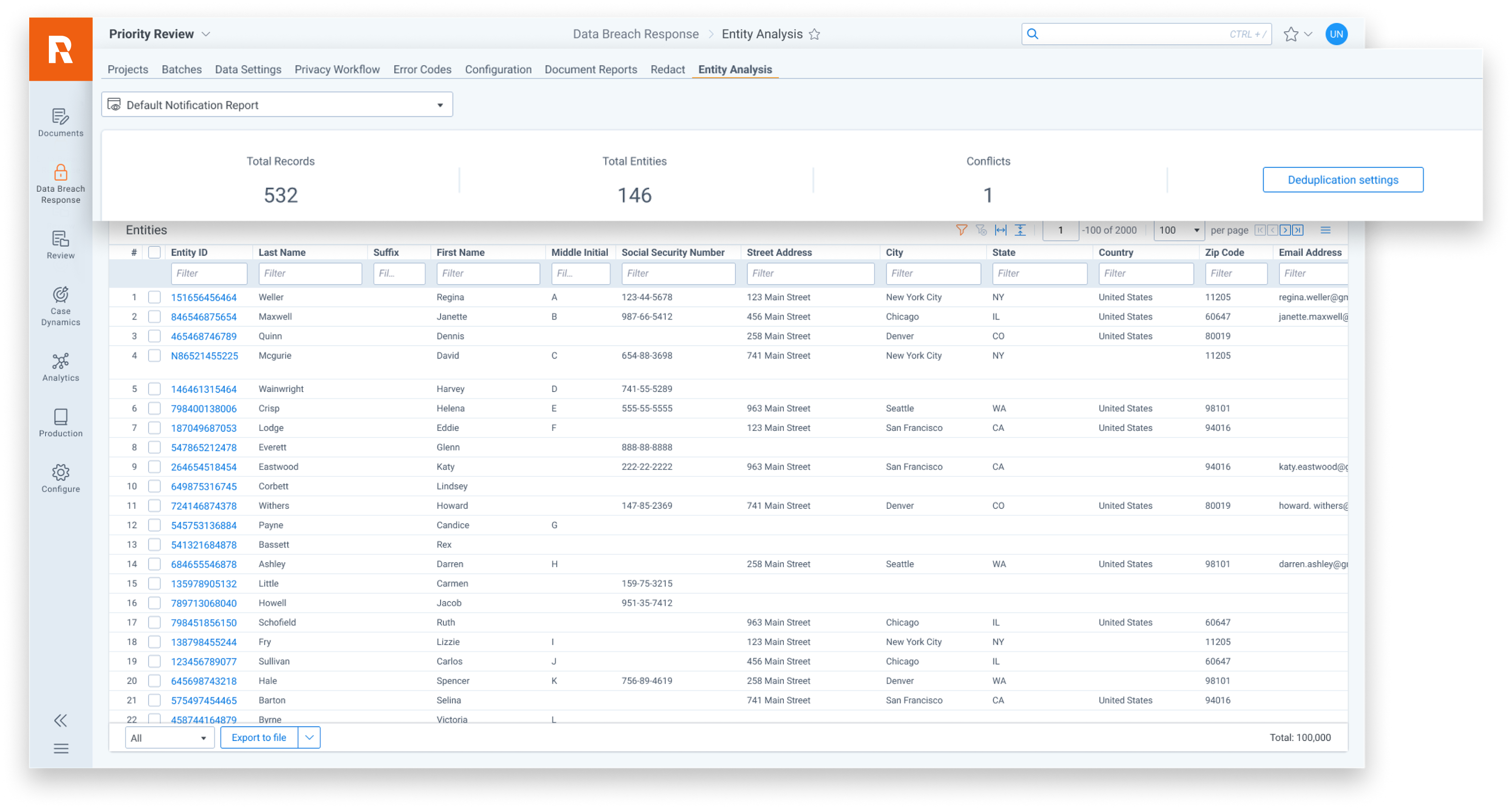 Data breach response - Entity normalization screenshot